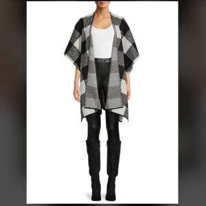 NWT TIME and TRU Buffalo Check Plaid Wrap Cape Open Cardigan Black Cream OS